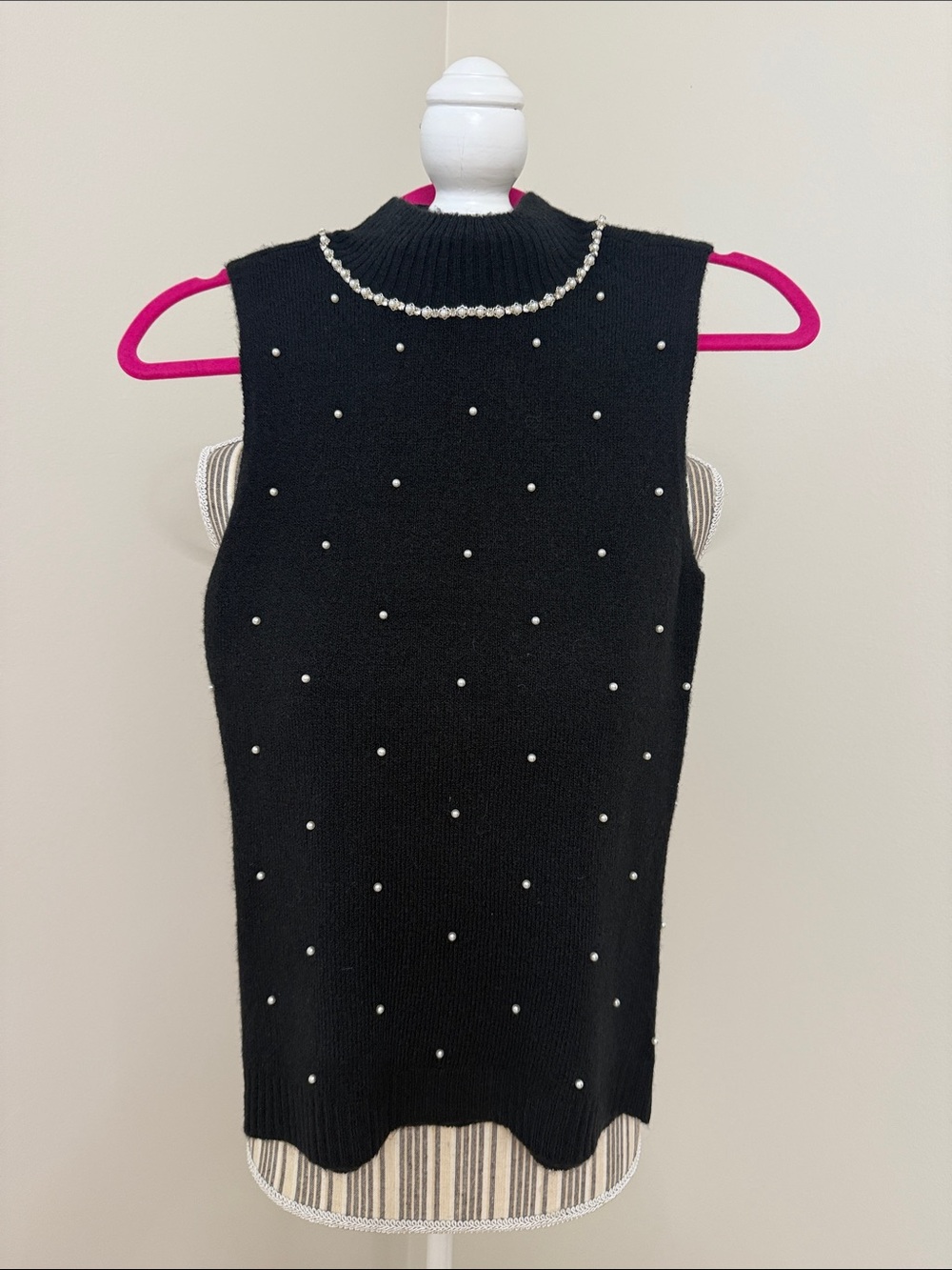 CACHE Sleeveless Black Pearl-Embellished Knit Top
